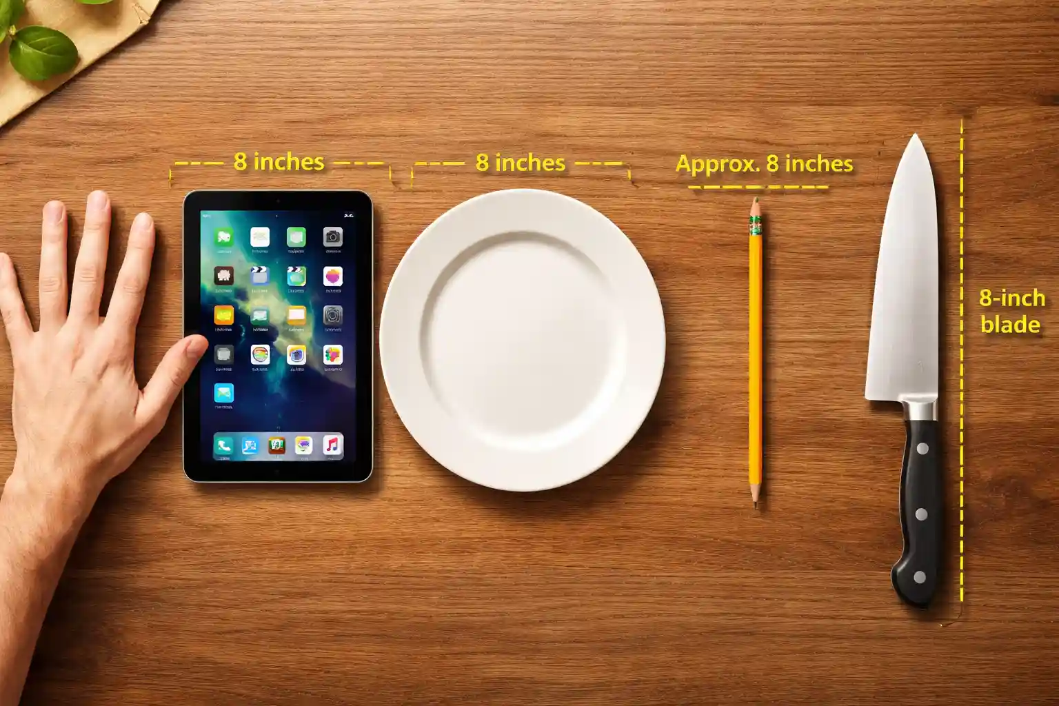 Everyday items with 8-inch scale