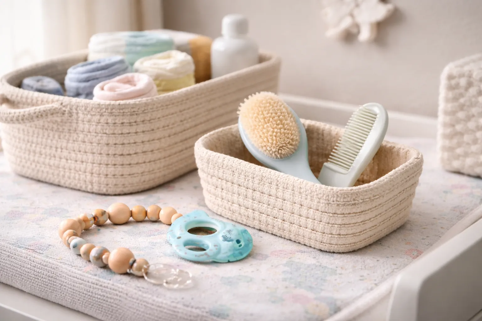 Nursery essentials on soft changing table