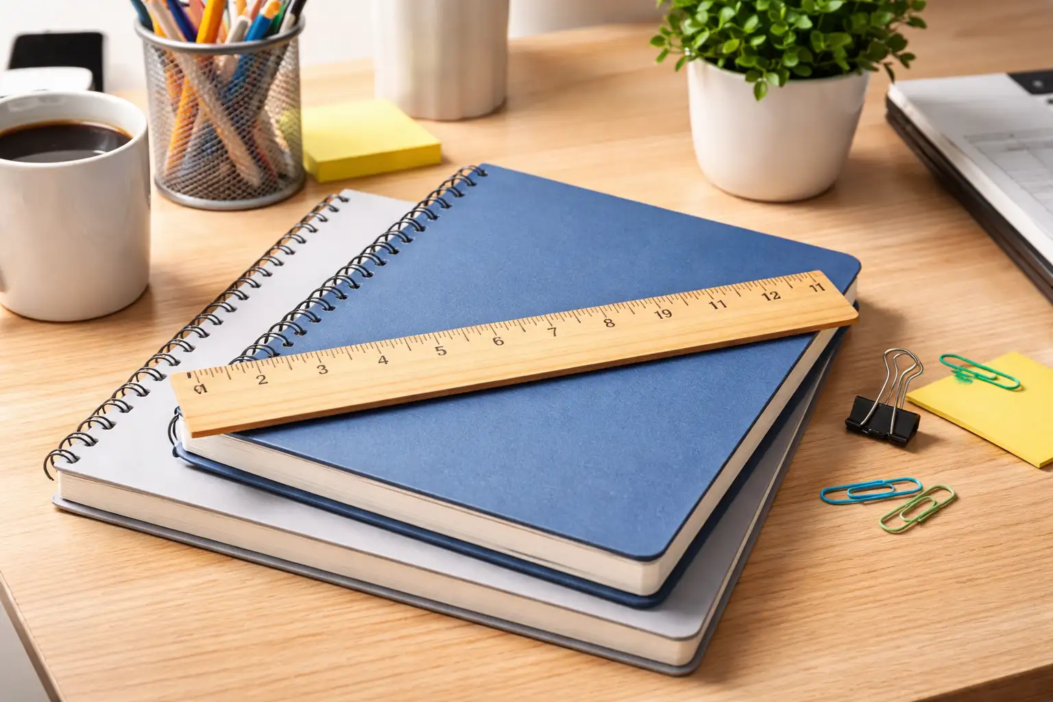 Organized workspace with ruler and notebooks for 12 Inches
